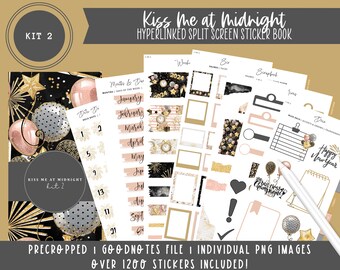 2024 Kit 2 stickerboek met gesplitst scherm | Kus me om middernacht | Nieuwjaarsstickers | Meer dan 1200 digitale stickers | Voorgesneden | Goodnotes-bestand