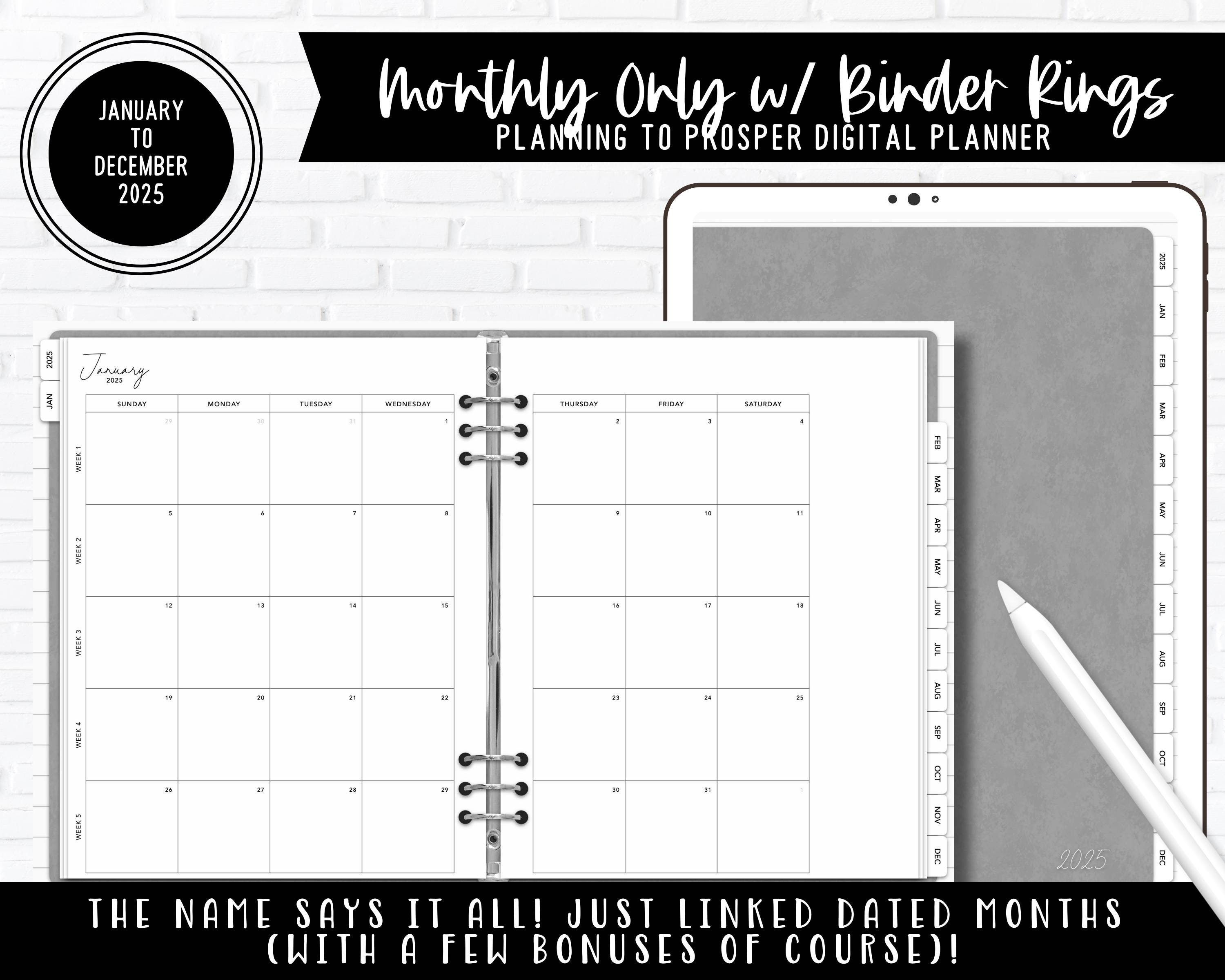 January to December 2025 | Monthly ONLY Digital Planner w/ Binder Rings | Landscape & Portrait | Dated + Hyperlinked | Mon + Sun Start