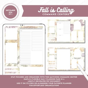 May include: A digital planner kit titled September 2026 Kit 1 Fall is Calling Command Centers. The image displays a tablet screen and two printable layouts featuring daily schedules, blank note boxes, and watercolor pumpkin and leaf motifs.