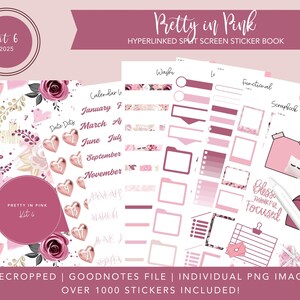 May include: A digital sticker book with over 1000 stickers in pink and white with floral patterns. The sticker book is precropped and compatible with Goodnotes. The text "Pretty in Pink" and "Kit 6" is visible on the cover.
