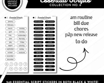 Essential Script Stickers | Collection No. 6 | 240 Stickers in Black + White | Pre-Cropped Digital Stickers | Goodnotes, Noteful + PNGs