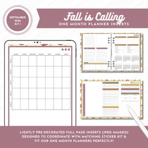May include: Digital planner inserts for September 2026 titled Fall is Calling. The set includes a monthly calendar grid, task lists, and daily tracking layouts in muted earth tones. These JPEG images are designed for digital planning and organization.
