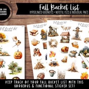 May include: A collection of digital stickers with a fall theme. The stickers include images of pumpkins, a scarecrow, a campfire, and other autumn-related items. Text on the image reads "Fall Bucket List" and "Over 130 Stickers Included!"