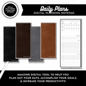 May include: A digital planning notepad set featuring four vertical covers in black, dark brown, gray, and tan leather textures, each labeled Daily Plans. The right side displays a white interior page with sections for date, weather, mood, top three, tasks, and habits.