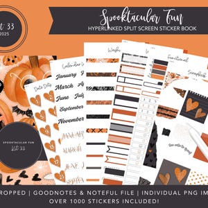 May include: A digital sticker book with a Halloween theme. The cover features pumpkins and bats. Inside are calendar pages, date dots, and decorative elements. The text includes "Spooktacular Fun" and "Kit 33". The color scheme is orange, black, and white.
