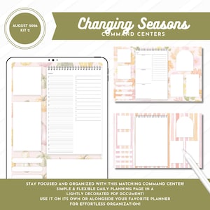 May include: A digital planner kit titled Changing Seasons Command Centers August 2026 Kit 2, featuring daily planning pages with spiral bindings, blank rectangular and arched note sections, and a soft pumpkin and striped background pattern.
