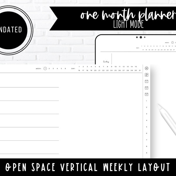 Undated | Open Space Vertical Weekly Layout | Light Mode | One Month Digital Planner | Landscape & Portrait | Dated and Hyperlinked |