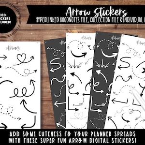 May include: A set of 100 digital arrow stickers for planners. The stickers are black and white and feature a variety of arrow styles, including curved, straight, and dotted arrows. The text "ADD SOME CUTENESS TO YOUR PLANNER SPREADS WITH THESE SUPER FUN ARROW DIGITAL STICKERS!" is at the bottom of the image.