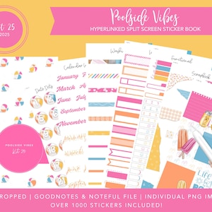 Op de afbeelding: Digitale planner stickers met een zomerthema. De stickers bevatten strandballen, kalenderelementen, washi tape en decoratieve elementen. De tekst "Poolside Vibes" en "Kit 25" zijn zichtbaar. Voor GoodNotes en Noteful bestanden.