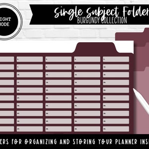 May include: A burgundy single subject folder with 50 numbered lines for organizing and storing planner inserts. The folder has a tabbed top and is part of a burgundy collection.