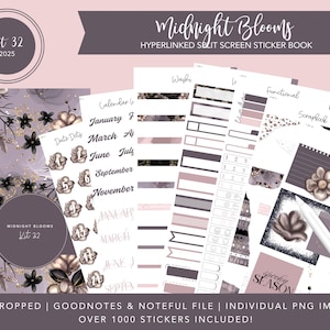 May include: A digital sticker book titled "Midnight Blooms" with a floral theme. The kit includes various sticker sheets with calendar elements, decorative stickers, and functional labels in shades of purple, gray, and gold. The text "Kit 32" and "2025" are also visible.