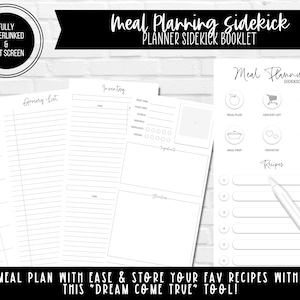 May include: A black and white printable meal planning booklet with sections for grocery lists, inventory, meal prep, recipes, and notes. The booklet is titled "Meal Planning Sidekick Planner Sidekick Booklet".