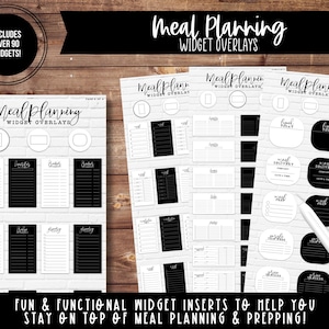 May include: Black and white printable planner widget overlays for meal planning. The image shows a variety of widgets, including "Meal Delivery", "Lunch Today", and "Grocery List".