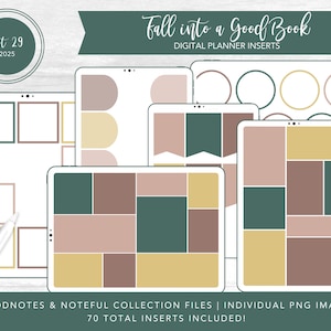 May include: Digital planner inserts with a variety of layouts in shades of green, tan, and yellow. The text "Fall into a Good Book" is displayed above the inserts. The image includes the text "Kit 29 2025" and "GOODNOTES & NOTEFUL COLLECTION FILES | INDIVIDUAL PNG IMAGES 70 TOTAL INSERTS INCLUDED!"