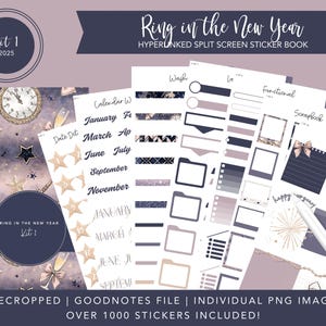 May include: A digital sticker book for Goodnotes with over 1000 stickers featuring a New Year's Eve theme. The stickers are in shades of blue, gold, and pink with a starry night sky background. The text "Ring in the New Year Kit 1" is visible on the cover.