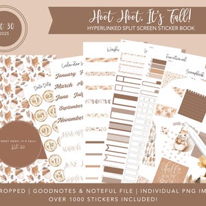 May include: A digital sticker book with a fall theme. The design includes acorns, leaves, and a squirrel. The text reads "Hoot Hoot, It's Fall!" and "Kit 30". The sticker book includes calendar, functional, and scrapbook elements.