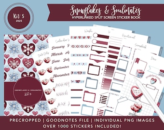 2025 Kit 5 stickerboek met gesplitst scherm | Sneeuwvlokken en soulmates | Valentijnsdagstickers | 1000+ digitale stickers | Voorgesneden | Goodnotes