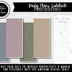Puede incluir: Una página de planificador digital con un horario diario, notas y una lista de tareas. La página tiene un fondo gris claro con una textura sutil. El texto "Daily Plans Sidekick" está en la parte superior de la página. La página está diseñada para ayudar a los usuarios a planificar sus días y aumentar la productividad.