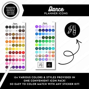 Puede incluir: Un conjunto de iconos de planificador con zapatillas de ballet en varios colores. La imagen incluye pegatinas con iconos de zapatillas de ballet en varios colores, una pancarta negra con el texto "Dance Planner Icons" y el texto "134 Various Colors & Styles Provided In One Convenient Icon Pack!"