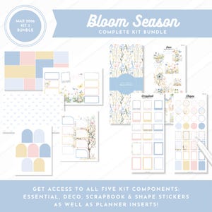 May include: A complete kit bundle with the text "Bloom Season" and "Mar 2026 Kit 3 Bundle". The kit includes essential, deco, scrapbook, and shape stickers, as well as planner inserts. The color palette includes pastel pink, yellow, and blue.