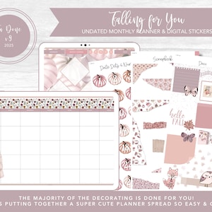 Puede incluir: Planificador digital con calendario mensual, álbum de recortes y pegatinas decorativas. El planificador presenta una paleta de colores suaves con calabazas, flores y el texto "Falling for You". El texto "Ta Doye v9 2025" también es visible.