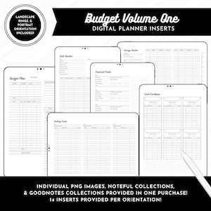 May include: Digital planner inserts with various financial planning templates, including budget plan, debt tracker, and savings tracker. The image features a black and white design with the text "Budget Volume One" and "Digital Planner Inserts."