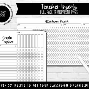 Op de afbeelding: Zwart-witte printbare klasorganisatiekaart met de tekst "Grade Tracker" en "Attendance Record".