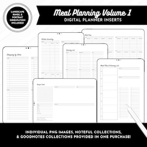 May include: Digital meal planning inserts, Volume 1, with landscape rings and portrait orientation. Includes shopping by store, kitchen inventory, grocery list, meal prep, recipe card, and meal plan & grocery list pages. Individual PNG images and GoodNotes collections are provided.