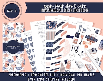 Kit 8 Digital Sticker Book | Gym Hair Don't Care | Over 1200 Stickers | Pre-Cropped Stickers | Goodnotes File | Individual PNG Images |