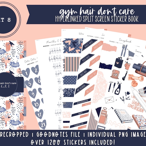 Kit 8 Digital Sticker Book | Gym Hair Don't Care | Over 1200 Stickers | Pre-Cropped Stickers | Goodnotes File | Individual PNG Images |