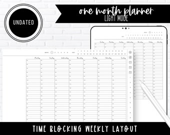 Undated | Time Blocking Weekly Layout | Light Mode | One Month Digital Planner | Landscape & Portrait | Dated and Hyperlinked |