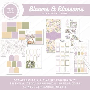 May include: A complete kit bundle with the text "Blooms & Blossoms." The kit includes essential, deco, scrapbook, and shape stickers, as well as planner inserts. The color palette features soft pastels, including lavender, green, and yellow.