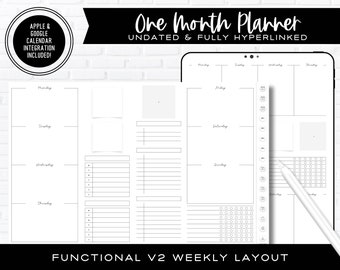 Digitale planner voor één maand | Functionele v2 wekelijkse lay-out | Ongedateerd en volledig hyperlinks | Apple + Google Agenda-integratie inbegrepen!