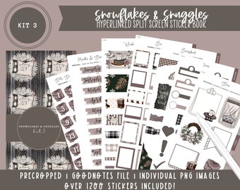 2024 Kit 3 stickerboek met gesplitst scherm | Sneeuwvlokken en knuffels | Winterstickers | Meer dan 1200 digitale stickers | Voorgesneden | Goodnotes-bestand
