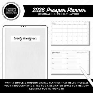 Puede incluir: Planificador digital con fondo blanco. Se muestra el texto "2026 Prosper Planner Journaling Weekly Layout". El planificador incluye un calendario mensual, un diseño semanal y el texto "twenty twenty-six".