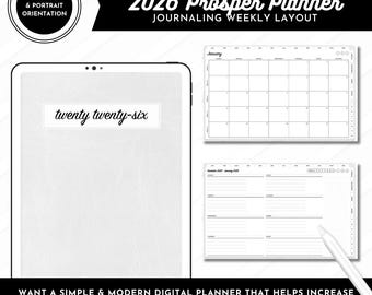 Puede incluir: Planificador digital con fondo blanco. Se muestra el texto "2026 Prosper Planner Journaling Weekly Layout". El planificador incluye un calendario mensual, un diseño semanal y el texto "twenty twenty-six".