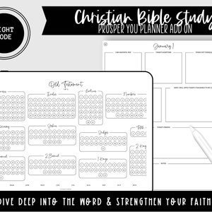 May include: A black and white printable planner page for Christian Bible study. The page includes a grid for tracking daily scripture reading, a section for prayer, and a section for notes. The text "Christian Bible Study" and "PROSPER YOU PLANNER ADD ON" is at the top of the page.