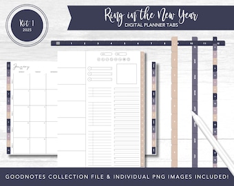 2025 Kit 1 Digital Planner Tabs | Ring in the New Year | Goodnotes Collection Files & Individual PNG&#39;s | PreCropped Stickers