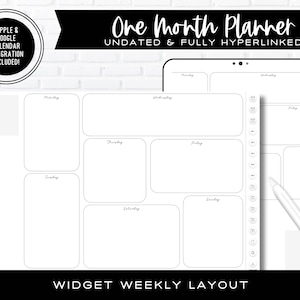 以下が含まれることがあります： 「One Month Planner」と「UNDATED & FULLY HYPERLINKED」というテキストが書かれた白黒のデジタルプランナーテンプレート。プランナーは、月曜日から日曜日までの週ごとのレイアウトで、曜日ごとにボックスがあります。プランナーには、メモ用の列もあります。