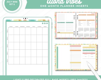 Kit luglio 2026 2 inserti per agenda mensile / Atmosfera Aloha / Immagini JPEG decorate a pagina intera / Formato orizzontale, verticale + anelli inclusi!