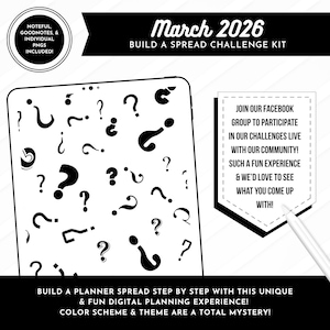 May include: Digital planner spread kit with a mystery theme. The image features a tablet with question marks, the text "March 2026," and a call to join a Facebook group. Includes Goodnotes and PNGs.