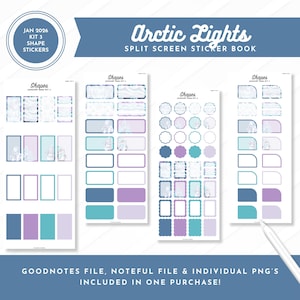 Kit de 3 pegatinas con formas de enero de 2026 / Luces árticas / Libro de pegatinas con pantalla dividida / Goodnotes + Archivos de notas + PNG individuales