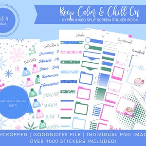 May include: A digital sticker book with a winter theme. The book includes over 1000 stickers, including snowflakes, hats, and other winter-themed designs. The book is precropped and compatible with Goodnotes.