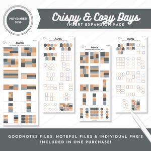 Puede incluir: Un paquete de expansión de insertos para agenda digital titulado Crispy & Cozy Days November 2026, que incluye cuatro hojas de pegatinas rectangulares, circulares y hexagonales en tonos naranja, gris y blanco.