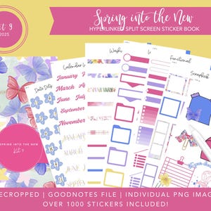 Puede incluir: Un libro de pegatinas digital con temática de mariposas. El libro incluye más de 1000 pegatinas, incluyendo páginas de calendario, cinta washi, pegatinas funcionales y elementos decorativos. Las pegatinas están precortadas y son compatibles con Goodnotes.