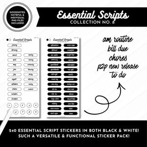 May include: A digital sticker pack titled Essential Scripts Collection No. 8, featuring two sheets of black and white labels with months, days, and tasks in cursive script. Includes 240 stickers, compatible with Goodnotes and Noteful, with individual PNG files.