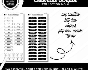 Essential Script Stickers | Collection No. 8 | 240 Stickers in Black + White | Pre-Cropped Digital Stickers | Goodnotes, Noteful + PNGs