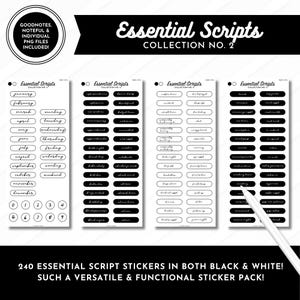 Peut inclure: Une collection d'autocollants numériques intitulée Essential Scripts Collection No. 2, comprenant quatre feuilles d'étiquettes en noir et blanc avec du texte cursif. Les feuilles incluent des mois, des chiffres et divers mots, avec un stylet blanc sur la droite.