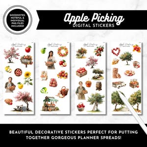 May include: Digital sticker set featuring apple picking illustrations. The stickers include images of apple trees, baskets of apples, and people picking apples. The text "Apple Picking Digital Stickers" is displayed in a banner.