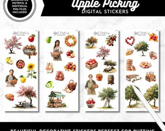 Puede incluir: Conjunto de pegatinas digitales con ilustraciones de la recogida de manzanas. Las pegatinas incluyen imágenes de manzanos, cestas de manzanas y personas recogiendo manzanas. El texto "Apple Picking Digital Stickers" se muestra en una pancarta.
